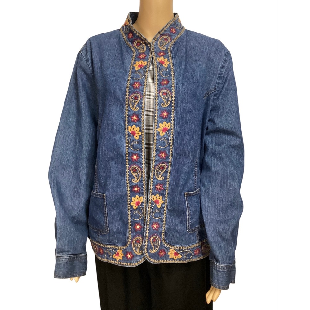 Alfred Dunner Womens Blue Denim Embroidered Floral Paisley Jacket Size 14